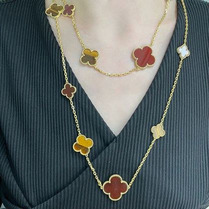 [AuraEcho]CLOVER 16 MOTIF CARNELIAN TIGER EYE ROSE GOLD NECKLACE