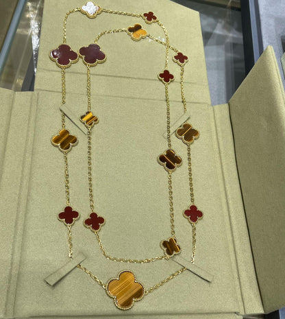 [AuraEcho]CLOVER 16 MOTIF CARNELIAN TIGER EYE ROSE GOLD NECKLACE