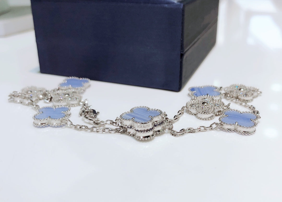 [AuraEcho]CLOVER 10 MOTIFS CHALCEDONY DIAMONDS SILVER NECKLACE